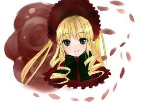 Rating: Safe Score: 0 Tags: 1girl blonde_hair blush bonnet bow bowtie dress drill_hair flower image long_hair long_sleeves looking_at_viewer petals rose shinku smile solo User: admin