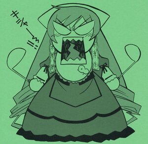 Rating: Safe Score: 0 Tags: 1girl apron bow braid dress eyebrows_visible_through_hair green_background green_theme image leash long_hair monochrome solo suiseiseki twin_braids User: admin