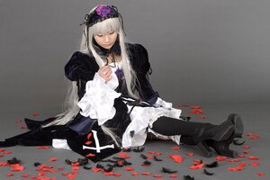 Rating: Safe Score: 0 Tags: 1girl boots closed_eyes dress flower frills hairband long_hair long_sleeves silver_hair sitting solo suigintou very_long_hair User: admin