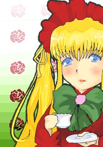 Rating: Safe Score: 0 Tags: 1girl bangs blonde_hair blue_eyes blush bonnet bow bowtie flower food green_background green_bow green_neckwear image long_hair shinku solo User: admin