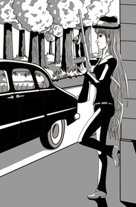 Rating: Safe Score: 0 Tags: 1girl barasuishou car greyscale ground_vehicle hat image long_hair monochrome motor_vehicle shoes solo standing very_long_hair User: admin