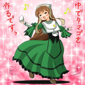 Rating: Safe Score: 0 Tags: 1girl apron beamed_eighth_notes braid brown_hair dancing dress eighth_note frills full_body green_dress image long_sleeves musical_note open_mouth pink_background quarter_note smile solo sparkle sparkle_background spoken_musical_note suiseiseki twin_braids User: admin