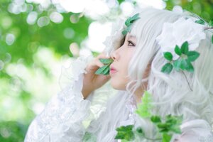 Rating: Safe Score: 0 Tags: 1girl bangs blurry blurry_background blurry_foreground depth_of_field eyelashes flower frills from_side kirakishou lace leaf lips pale_skin profile solo upper_body white_dress white_hair white_theme User: admin