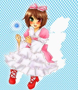 Rating: Safe Score: 0 Tags: 1girl :d blush bow brown_hair checkered checkered_background costume_switch dress frills full_body green_eyes halftone halftone_background heterochromia image long_sleeves looking_at_viewer open_mouth pantyhose pink_bow polka_dot polka_dot_background red_eyes short_hair smile solo User: admin