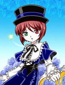 Rating: Safe Score: 0 Tags: 1girl blue_background blue_flower blue_rose dress flower green_eyes hat heterochromia image long_sleeves looking_at_viewer purple_rose red_eyes red_hair ribbon rose short_hair solo souseiseki suiseiseki top_hat User: admin