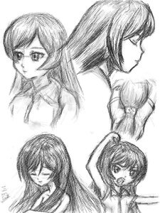 Rating: Safe Score: 0 Tags: 1girl breasts greyscale image long_hair looking_at_viewer monochrome multiple_views sketch solo suiseiseki User: admin