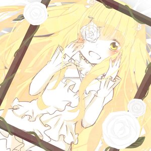 Rating: Safe Score: 0 Tags: 1girl blonde_hair eyepatch flower hat image kirakishou long_hair rose solo thorns white_flower white_rose yellow_rose User: admin