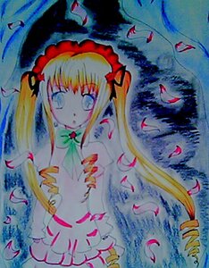 Rating: Safe Score: 0 Tags: 1girl blonde_hair blue_eyes dress flower image long_hair long_sleeves looking_at_viewer marker_(medium) petals rose_petals shinku solo traditional_media twintails very_long_hair watercolor_(medium) User: admin