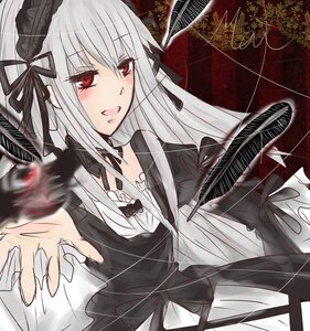 Rating: Safe Score: 0 Tags: 1girl black_dress black_ribbon blurry_foreground dress frills hairband image long_hair long_sleeves looking_at_viewer red_eyes ribbon rose silver_hair solo suigintou wings User: admin