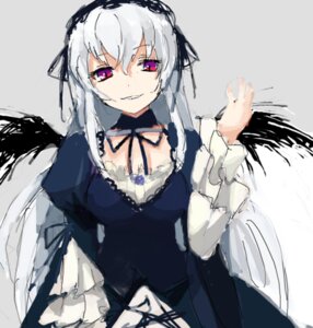 Rating: Safe Score: 0 Tags: 1girl black_wings detached_collar dress feathered_wings flower frills hairband image lolita_fashion long_hair long_sleeves looking_at_viewer pink_eyes rose silver_hair simple_background solo suigintou wings User: admin
