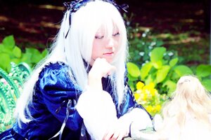 Rating: Safe Score: 0 Tags: 1girl blue_dress blurry closed_eyes depth_of_field dress feathers flower hairband long_hair long_sleeves ribbon solo suigintou white_hair wings User: admin