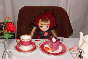 Rating: Safe Score: 0 Tags: 1girl blonde_hair blue_eyes blurry blurry_foreground bonnet bow cup curtains depth_of_field doll dress flower in_container minigirl photo pov red_flower rose saucer shinku solo solo_focus table tea teacup twintails User: admin