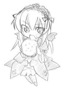 Rating: Safe Score: 0 Tags: 1girl chibi dress food greyscale hairband holding holding_food image lolita_hairband long_hair monochrome open_mouth simple_background solo star_(symbol) striped suigintou white_background wings User: admin