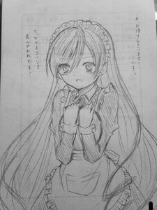 Rating: Safe Score: 0 Tags: 1girl apron blush dress eyebrows_visible_through_hair frills graphite_(medium) greyscale image long_hair long_sleeves looking_at_viewer maid maid_headdress monochrome open_mouth solo suiseiseki traditional_media very_long_hair User: admin