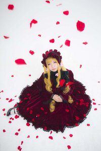 Rating: Safe Score: 0 Tags: 1girl blonde_hair blue_eyes dress flower long_hair petals rose rose_petals shinku sitting solo striped User: admin