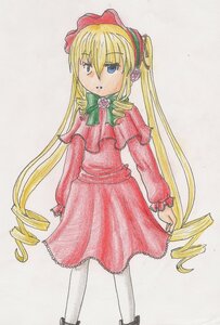 Rating: Safe Score: 0 Tags: 1girl blonde_hair blue_eyes bow bowtie dress drill_hair green_bow image long_hair long_sleeves looking_at_viewer marker_(medium) pantyhose red_dress ringlets shinku simple_background solo traditional_media twin_drills twintails very_long_hair white_background white_legwear User: admin