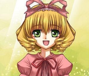 Rating: Safe Score: 0 Tags: 1girl :d blonde_hair bow dress drill_hair green_eyes hina_ichigo hinaichigo image looking_at_viewer open_mouth pink_bow puffy_sleeves ribbon short_hair smile solo upper_body yellow_background User: admin