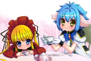 Rating: Safe Score: 0 Tags: 2girls :3 animal_ears blonde_hair blue_eyes blue_hair blush bow cup eating food image long_hair looking_at_viewer multiple_girls shinku solo table teacup User: admin
