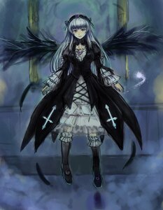 Rating: Safe Score: 0 Tags: 1girl black_wings boots dress feathers flower frills full_body hairband image long_hair long_sleeves looking_at_viewer pink_eyes red_eyes rose silver_hair solo standing suigintou wings User: admin