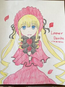 Rating: Safe Score: 0 Tags: 1girl :d blonde_hair blue_eyes bonnet capelet dress drill_hair flower image long_hair long_sleeves looking_at_viewer marker_(medium) open_mouth petals photo pink_flower red_dress rose rose_petals shinku sidelocks smile solo traditional_media twintails User: admin