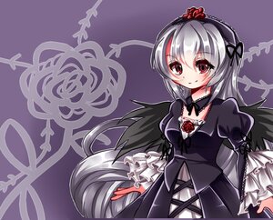 Rating: Safe Score: 0 Tags: 1girl black_dress breasts dress flower frills gothic_lolita hairband image lolita_fashion long_hair long_sleeves puffy_sleeves red_eyes rose silver_hair smile solo suigintou wings User: admin