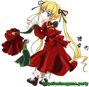 Rating: Safe Score: 0 Tags: 1girl blonde_hair blue_eyes blush bow dress full_body hair_ribbon image long_hair long_sleeves looking_at_viewer looking_back red_dress ribbon shinku simple_background solo twintails very_long_hair white_background User: admin