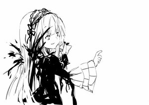 Rating: Safe Score: 0 Tags: 1girl closed_mouth dress eyebrows_visible_through_hair greyscale hairband image index_finger_raised long_hair long_sleeves looking_at_viewer monochrome pointing simple_background smile solo suigintou white_background User: admin