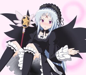 Rating: Safe Score: 0 Tags: 1girl black_dress black_legwear bloomers blue_hair blush dress frills gothic_lolita hairband image kneehighs lolita_fashion lolita_hairband long_hair long_sleeves looking_at_viewer purple_eyes silver_hair sitting solo suigintou underwear wand wings User: admin