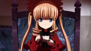 Rating: Safe Score: 0 Tags: 1girl blonde_hair blue_eyes bonnet bow bowtie dress flower frills image long_hair long_sleeves looking_at_viewer red_dress rose shinku solo twintails User: admin