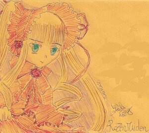 Rating: Safe Score: 0 Tags: 1girl bangs blonde_hair bonnet bow dress drill_hair frills image long_hair long_sleeves looking_at_viewer shinku simple_background solo traditional_media twin_drills upper_body very_long_hair User: admin