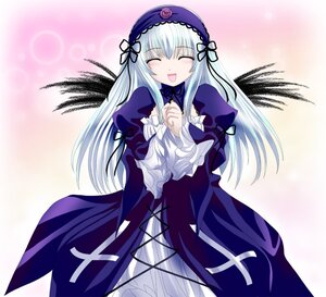 Rating: Safe Score: 0 Tags: 1girl :d black_wings blush closed_eyes dress frills hairband image juliet_sleeves long_hair long_sleeves namamo_nanase open_mouth puffy_sleeves ribbon rozen_maiden silver_hair smile solo suigintou very_long_hair wings User: admin