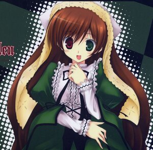 Rating: Safe Score: 0 Tags: 1girl :d brown_hair checkered checkered_background dress frills green_dress green_eyes halftone halftone_background head_scarf heterochromia image long_hair long_sleeves looking_at_viewer open_mouth polka_dot polka_dot_background polka_dot_dress red_eyes smile solo suiseiseki User: admin