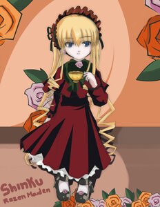 Rating: Safe Score: 0 Tags: 1girl blonde_hair blue_eyes bonnet bow dress drill_hair flower food frills full_body image long_hair long_sleeves looking_at_viewer pink_rose red_dress rose shinku solo standing twintails User: admin