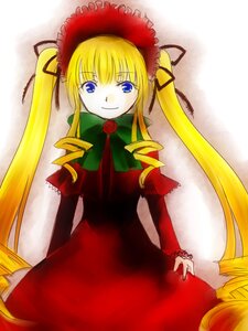 Rating: Safe Score: 0 Tags: 1girl blonde_hair blue_eyes bonnet bow bowtie cowboy_shot dress drill_hair green_bow green_neckwear image long_hair long_sleeves looking_at_viewer red_dress shinku sidelocks smile solo standing twintails very_long_hair User: admin