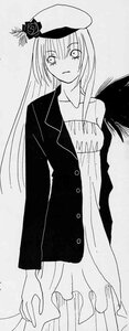 Rating: Safe Score: 0 Tags: 1girl dress eyebrows_visible_through_hair flower greyscale hat image jacket long_hair long_sleeves looking_at_viewer monochrome solo standing suigintou wings User: admin