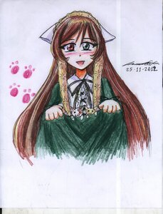 Rating: Safe Score: 0 Tags: 1girl blush brown_hair colored_pencil_(medium) dated dress green_dress heterochromia image long_hair long_sleeves looking_at_viewer open_mouth photo red_eyes signature smile solo suiseiseki traditional_media User: admin