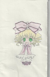 Rating: Safe Score: 0 Tags: 1girl blonde_hair bow chibi dress drill_hair full_body green_eyes hina_ichigo hinaichigo image long_sleeves looking_at_viewer open_mouth pink_bow pink_dress smile solo standing traditional_media User: admin