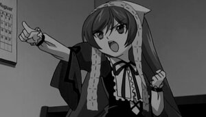 Rating: Safe Score: 0 Tags: 1girl dress greyscale image long_hair long_sleeves monochrome neck_ribbon open_mouth pointing ribbon solo suiseiseki v-shaped_eyebrows very_long_hair User: admin