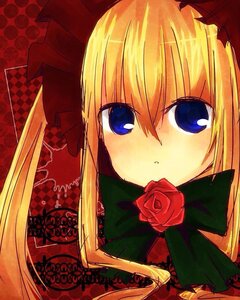 Rating: Safe Score: 0 Tags: 1girl argyle_background blonde_hair blue_eyes bow bowtie checkered checkered_background flower image long_hair looking_at_viewer red_flower red_rose rose shinku solo User: admin