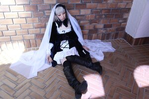 Rating: Safe Score: 0 Tags: 1girl black_footwear boots breasts brick_wall corset dress hairband long_hair long_sleeves silver_hair sitting solo suigintou thighhighs very_long_hair white_hair User: admin