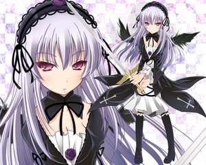 Rating: Safe Score: 0 Tags: 1girl breasts checkered cleavage detached_collar dress expressionless flower frills hairband image lolita_hairband long_hair long_sleeves looking_at_viewer multiple_views ribbon rose solo suigintou wings User: admin