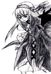 Rating: Safe Score: 0 Tags: 1girl dress greyscale hairband image long_hair long_sleeves looking_at_viewer monochrome simple_background solo suigintou traditional_media white_background wings User: admin