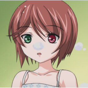 Rating: Safe Score: 0 Tags: 1girl :o bangs bare_shoulders brown_hair collarbone eyebrows_visible_through_hair green_background green_eyes image looking_at_viewer open_mouth red_eyes screenshot short_hair simple_background solo souseiseki upper_body User: admin