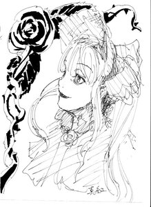 Rating: Safe Score: 0 Tags: 1girl flower greyscale image lineart long_hair monochrome rose shinku sketch smile solo traditional_media white_background User: admin