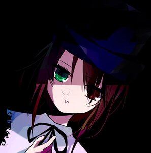 Rating: Safe Score: 0 Tags: 1girl blue_headwear closed_mouth green_eyes hat heterochromia image looking_at_viewer neck_ribbon red_eyes ribbon simple_background solo souseiseki User: admin