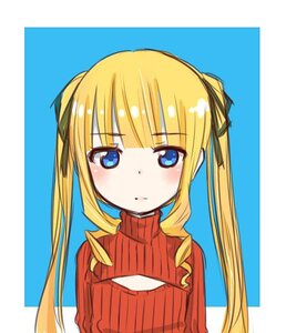 Rating: Safe Score: 0 Tags: 1girl blonde_hair blue_eyes blush cleavage_cutout hair_ribbon image long_hair looking_at_viewer meme_attire open-chest_sweater ribbed_sweater ribbon shinku solo sweater turtleneck twintails upper_body User: admin