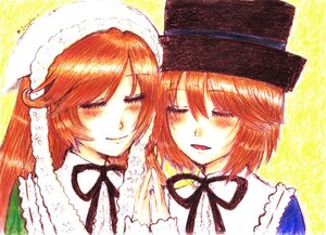 Rating: Safe Score: 0 Tags: 2girls blush closed_eyes frills hat image multiple_girls neck_ribbon pair ribbon short_hair siblings sisters smile souseiseki suiseiseki twins User: admin