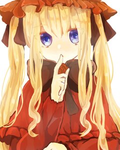 Rating: Safe Score: 0 Tags: 1girl auto_tagged blonde_hair blue_eyes blush bow capelet dress hat image long_hair long_sleeves looking_at_viewer red_capelet red_dress shinku simple_background solo striped twintails upper_body white_background User: admin
