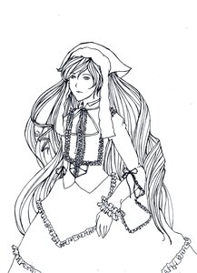 Rating: Safe Score: 0 Tags: 1girl dress greyscale hat image lineart long_hair long_sleeves monochrome ribbon santa_hat simple_background solo suiseiseki very_long_hair white_background User: admin
