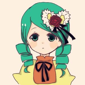Rating: Safe Score: 0 Tags: 1girl auto_tagged bangs blush dress drill_hair flower green_hair hair_flower hair_ornament image kanaria looking_at_viewer ribbon rose simple_background solo twin_drills upper_body User: admin